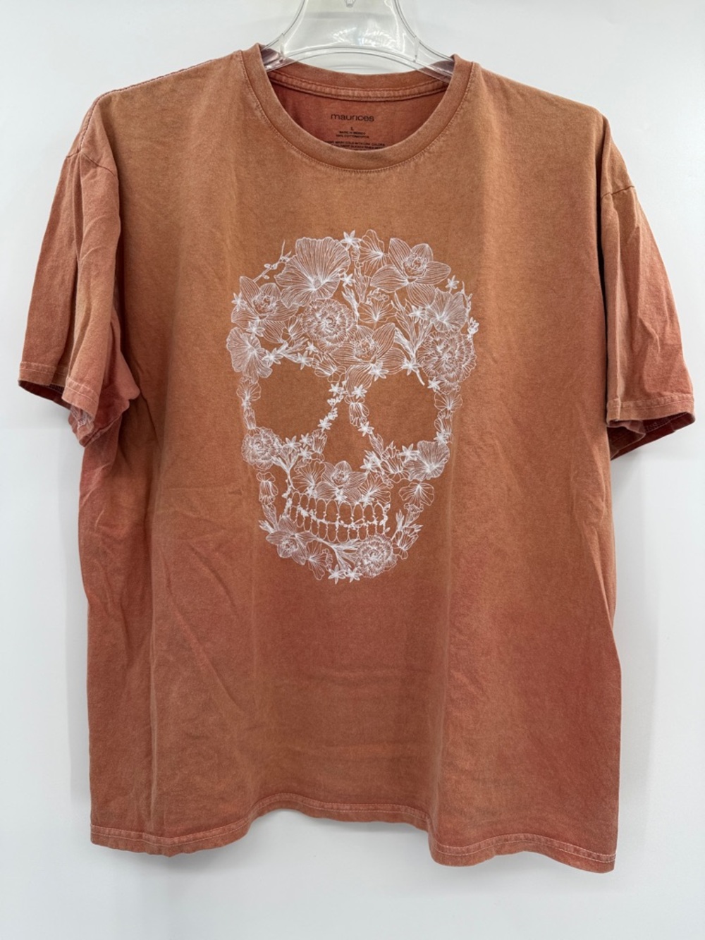 Maurices Light Rust Orange Floral Skull Short Sleeve Tee - Women's Size L